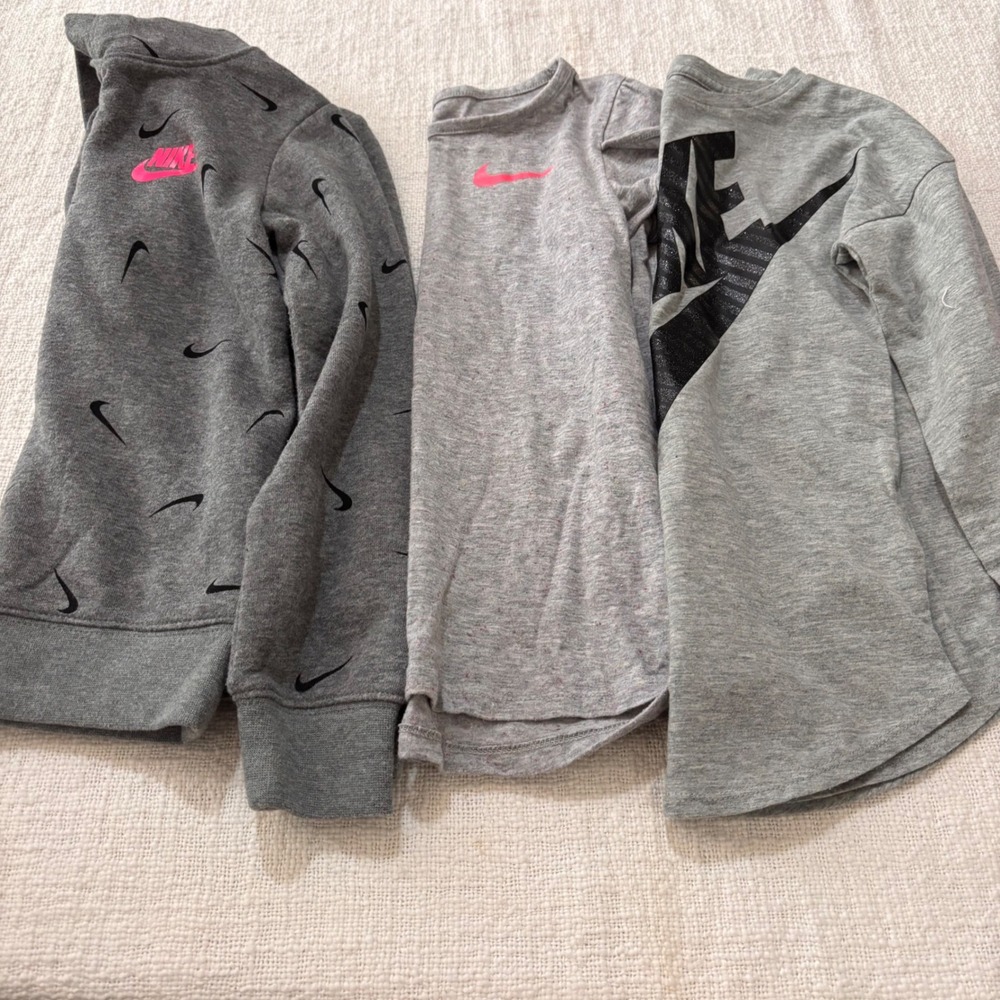 Nike Girls Size 6 Grey Hoodie and Long Sleeve Shirt Lot 3pc Set 5-6 Years